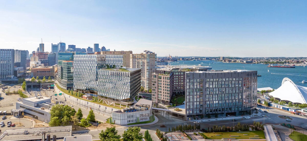 Drone view of a trophy-class life science campus in Seaport