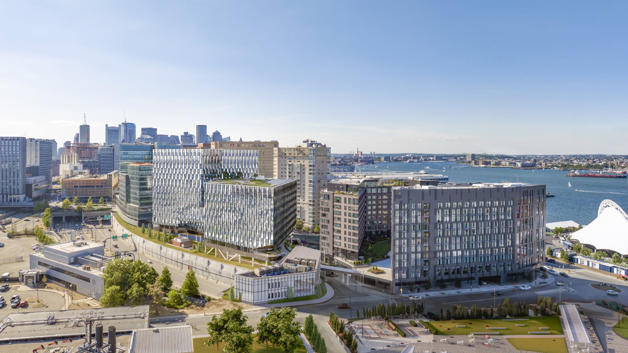 Aerial view of Seaport Circle campus on the waterfront