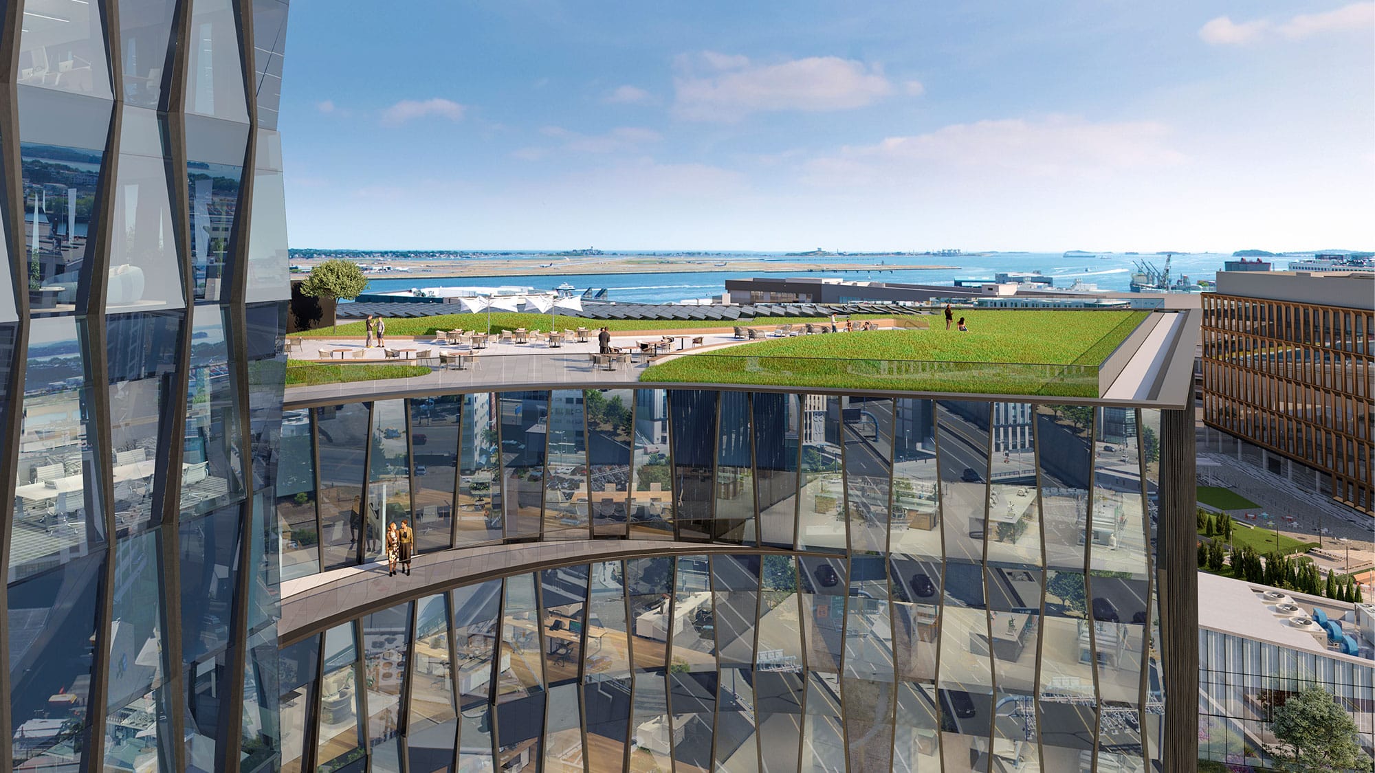 Rooftop green space with seating and solar panels