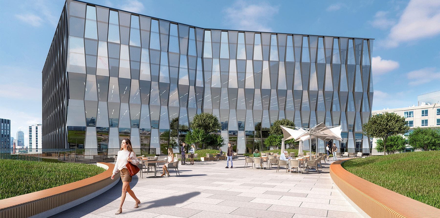 Modern Seaport Circle lab and office building with walkway