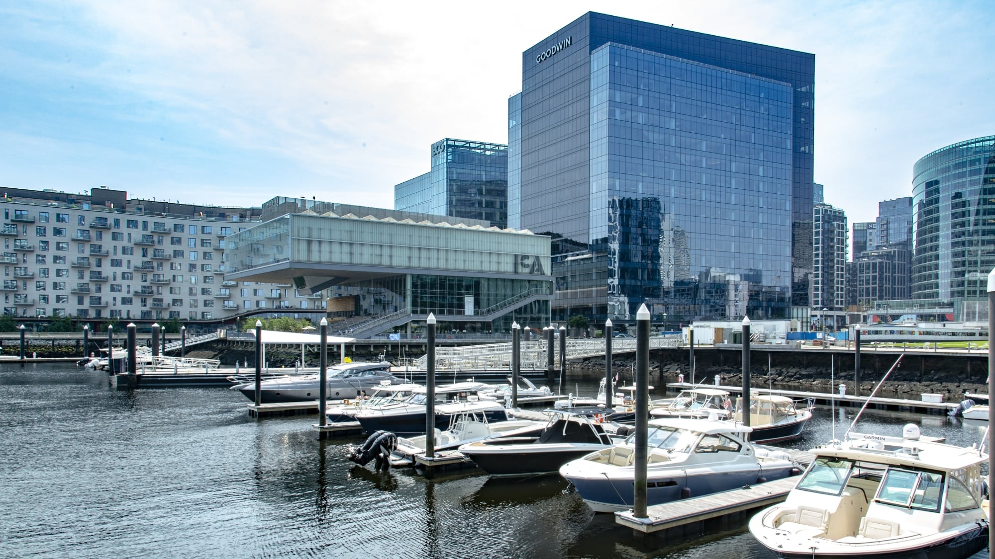 Boston Seaport marina with multiple boats docked