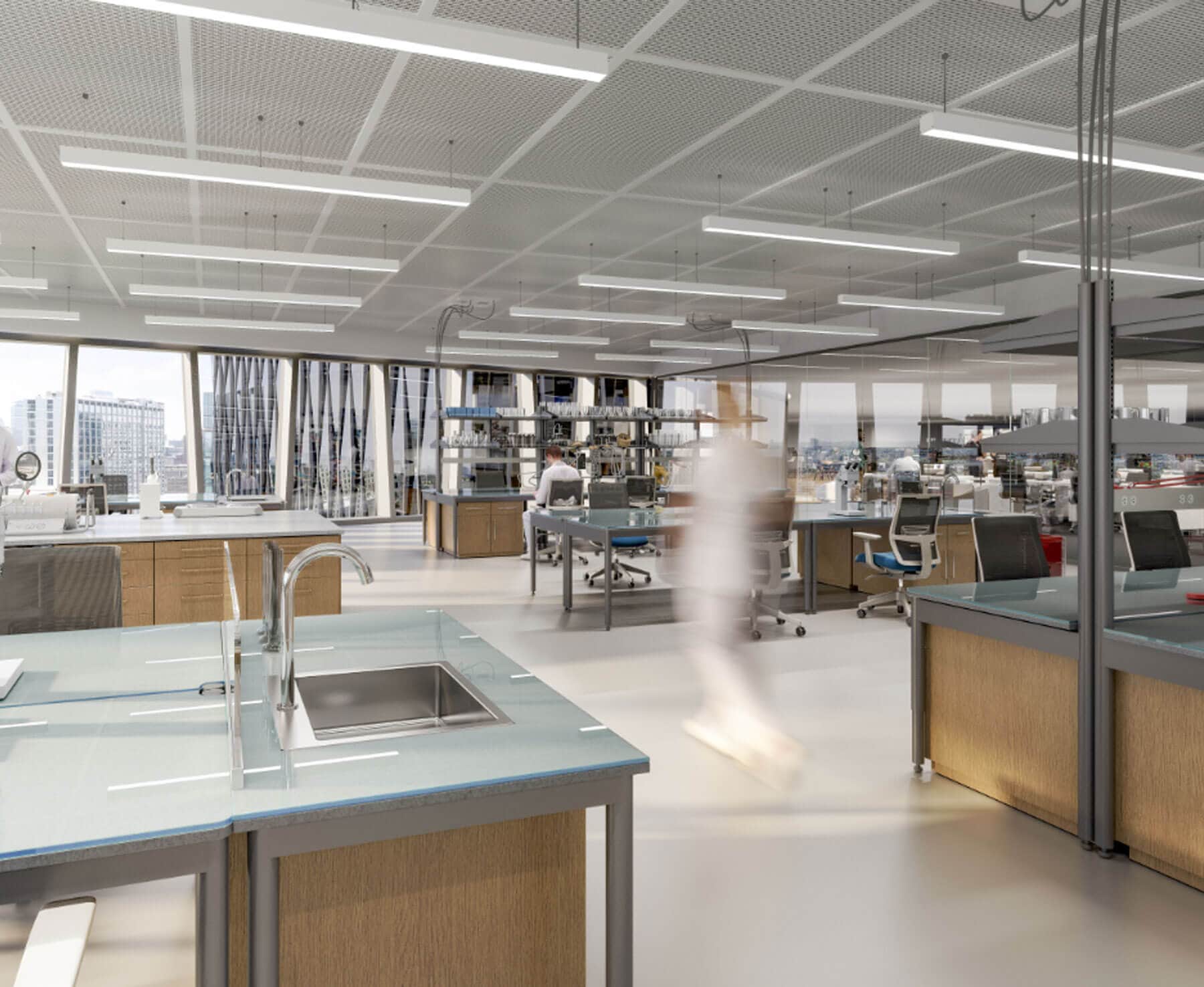 Scientists in an open concept lab and office workspace