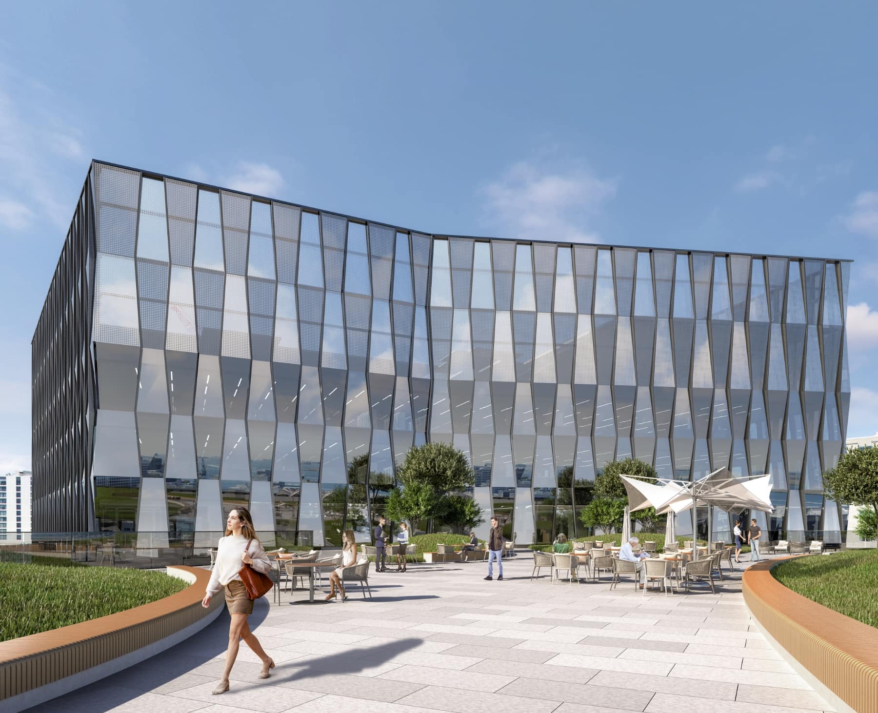 Modern Seaport Circle lab and office building with walkway