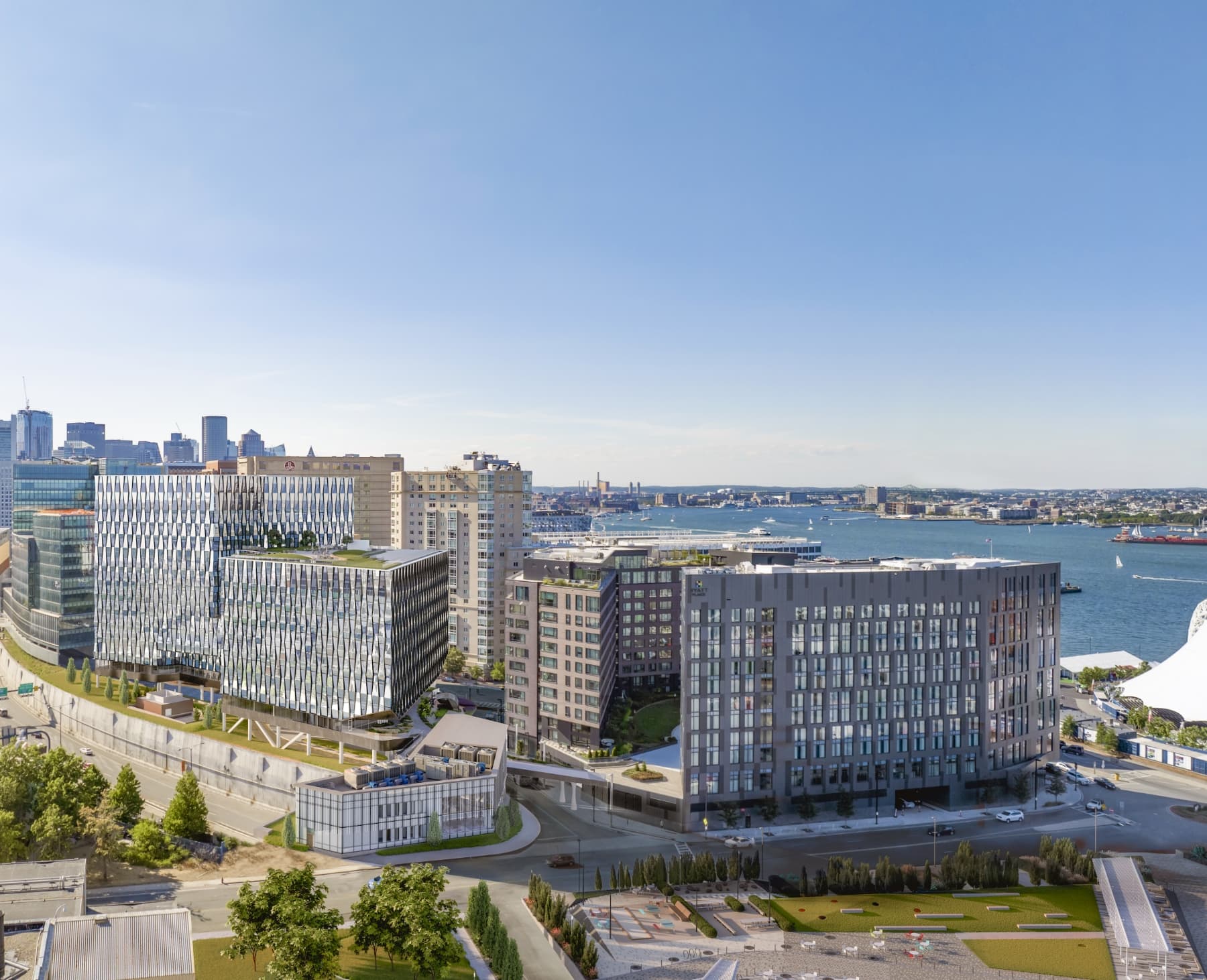 Aerial view of Seaport Circle campus on the waterfront