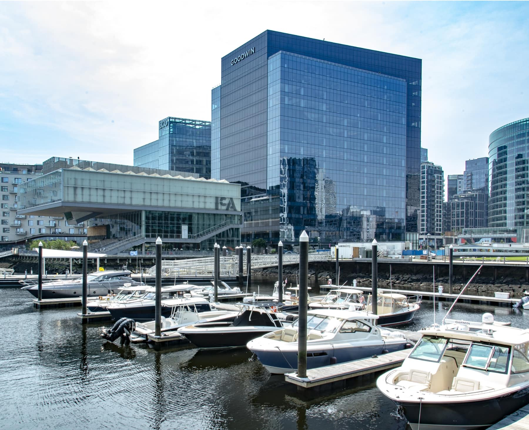 Boston Seaport marina with multiple boats docked