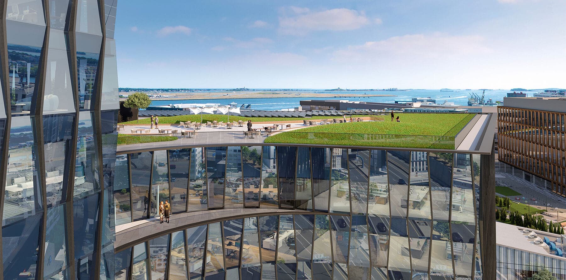 Rooftop green space with seating and solar panels