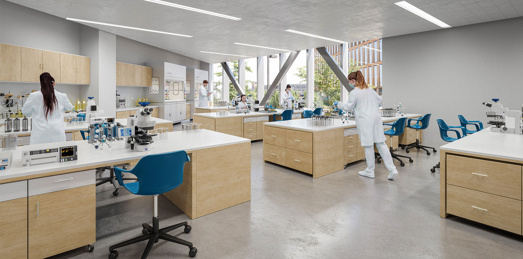 Scientists working in a large lab