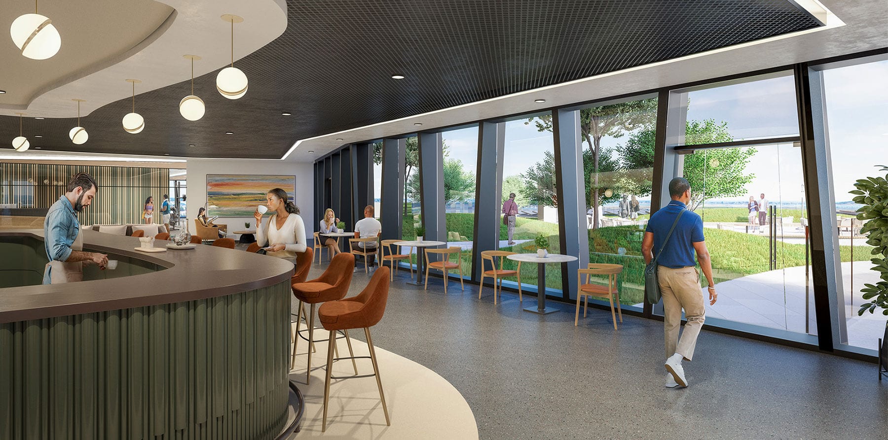 Scientists and researchers enjoying a coffee bar and lounge