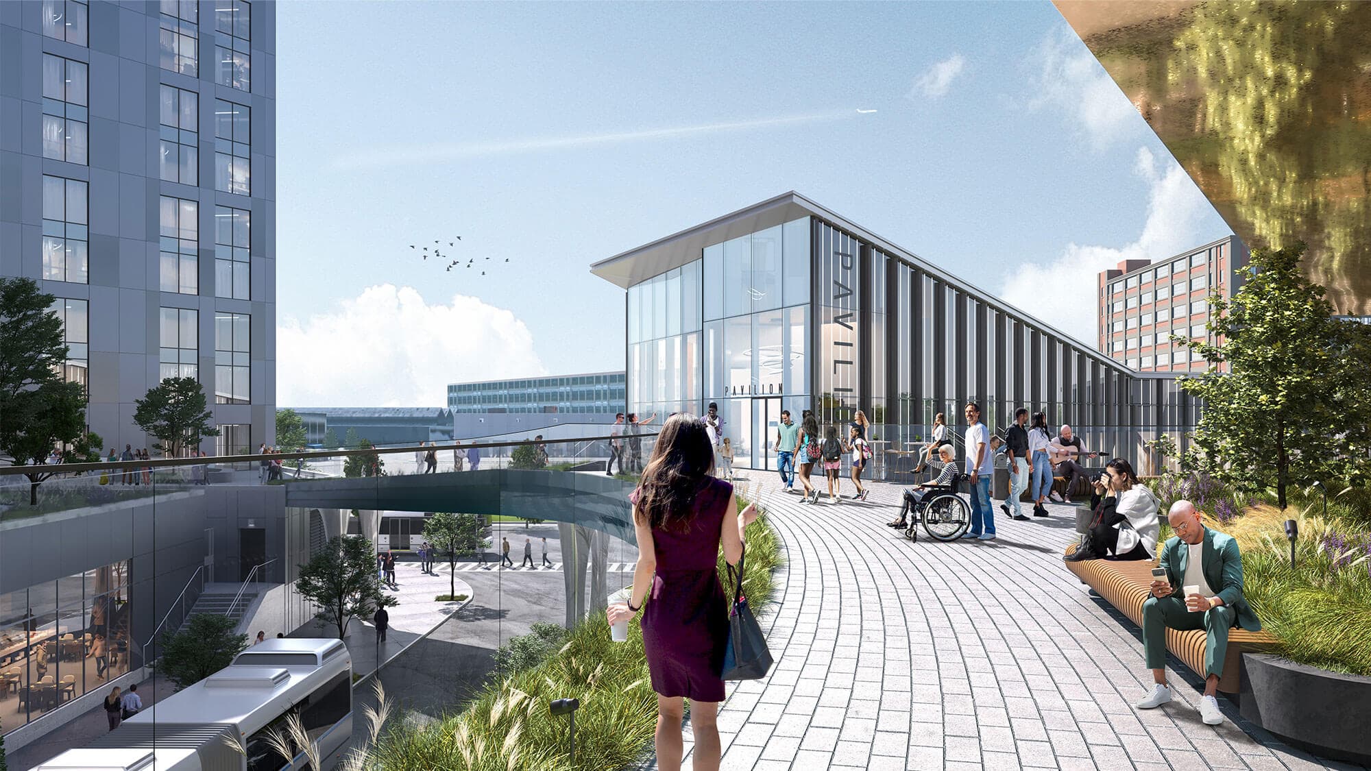 A stunning outdoor, open-air bridge with benches and live plants