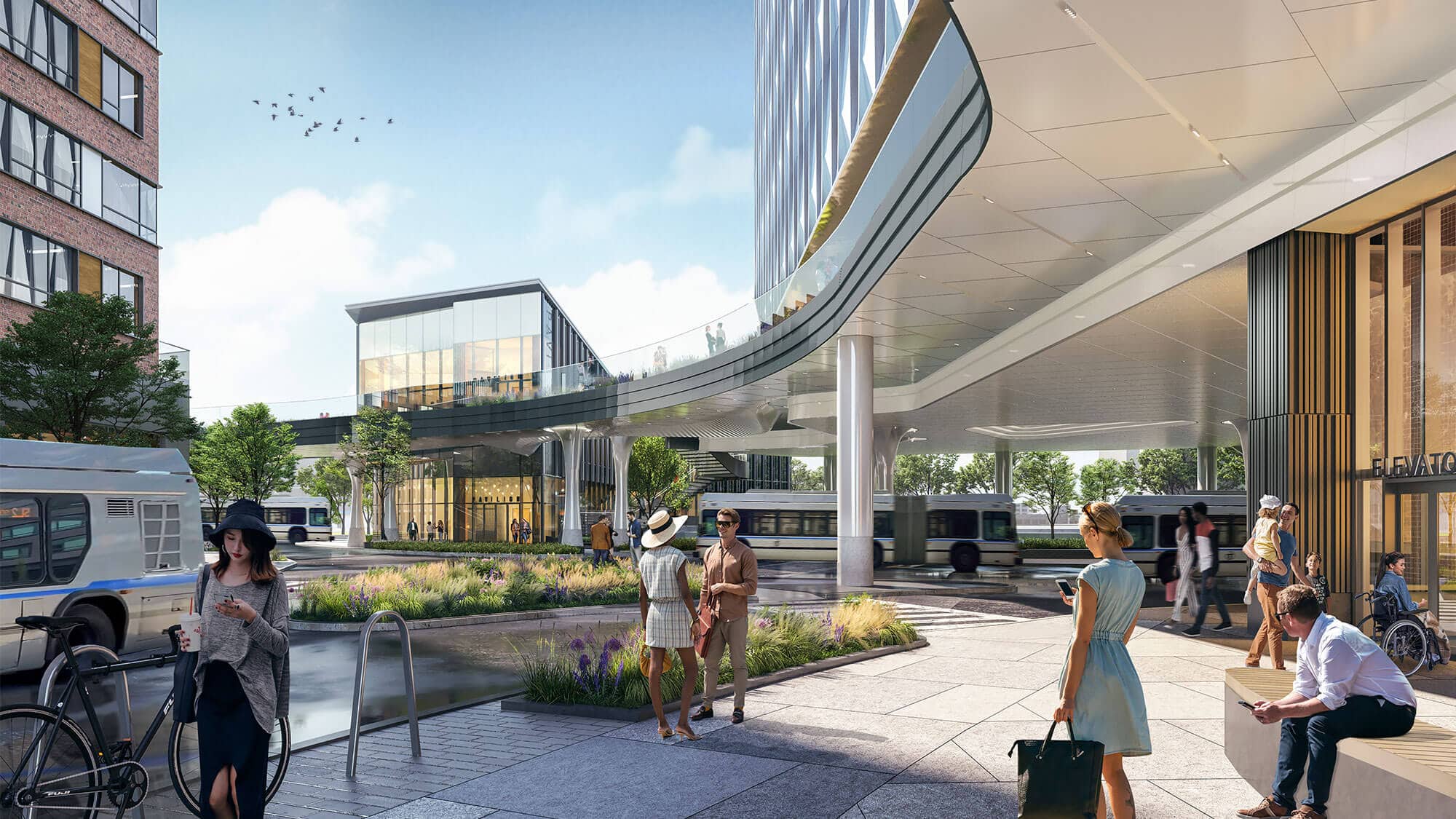 Sidewalk view of tenants with access to public transportation