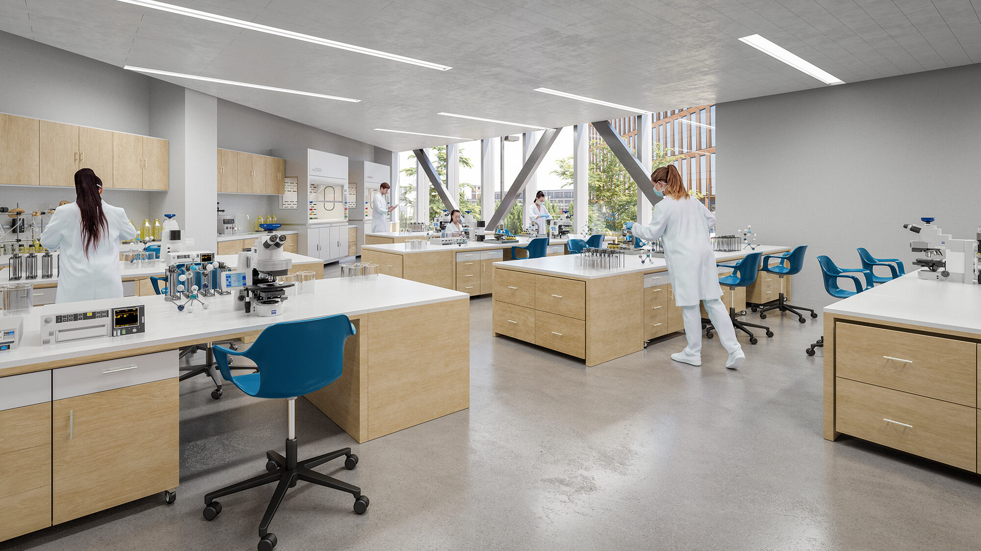 Researchers utilizing a top-of-the-line laboratory with windows